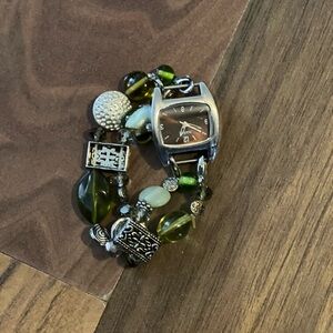 Beaded Bracelet Watch with Green Accents